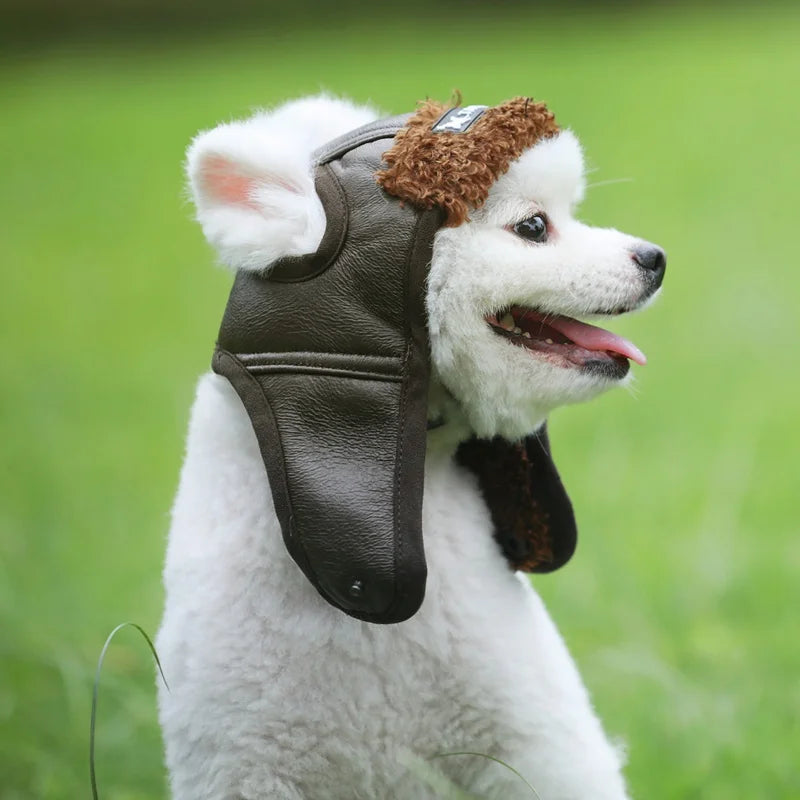 Dog Puppy Winter Hat Cashmere Pilot Hat PU leather