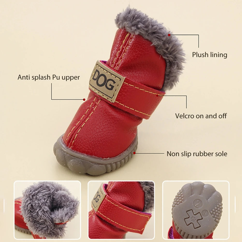 Dog Outdoor Shoes PU Leather Boots with Plush Lining Anti-Slip Sole