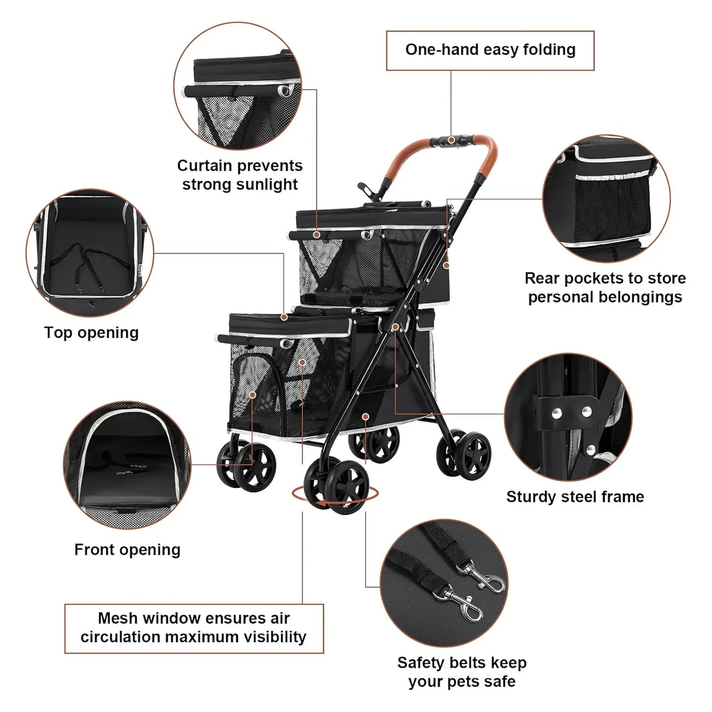 Double small Pet Stroller One-Hand Folding Travel Carriage