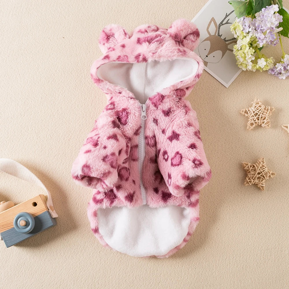 Winter Plush Pet Dog Clothes Leopard Print Pet Hoodies Warm
