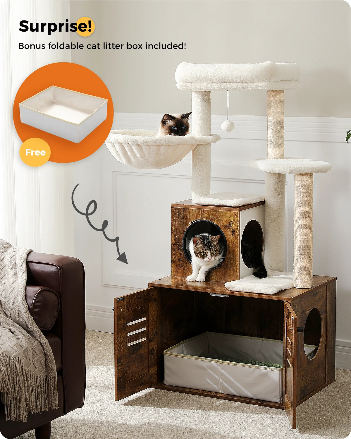 Multi-Level Cat Tower with Foldable Cat Litter hind away