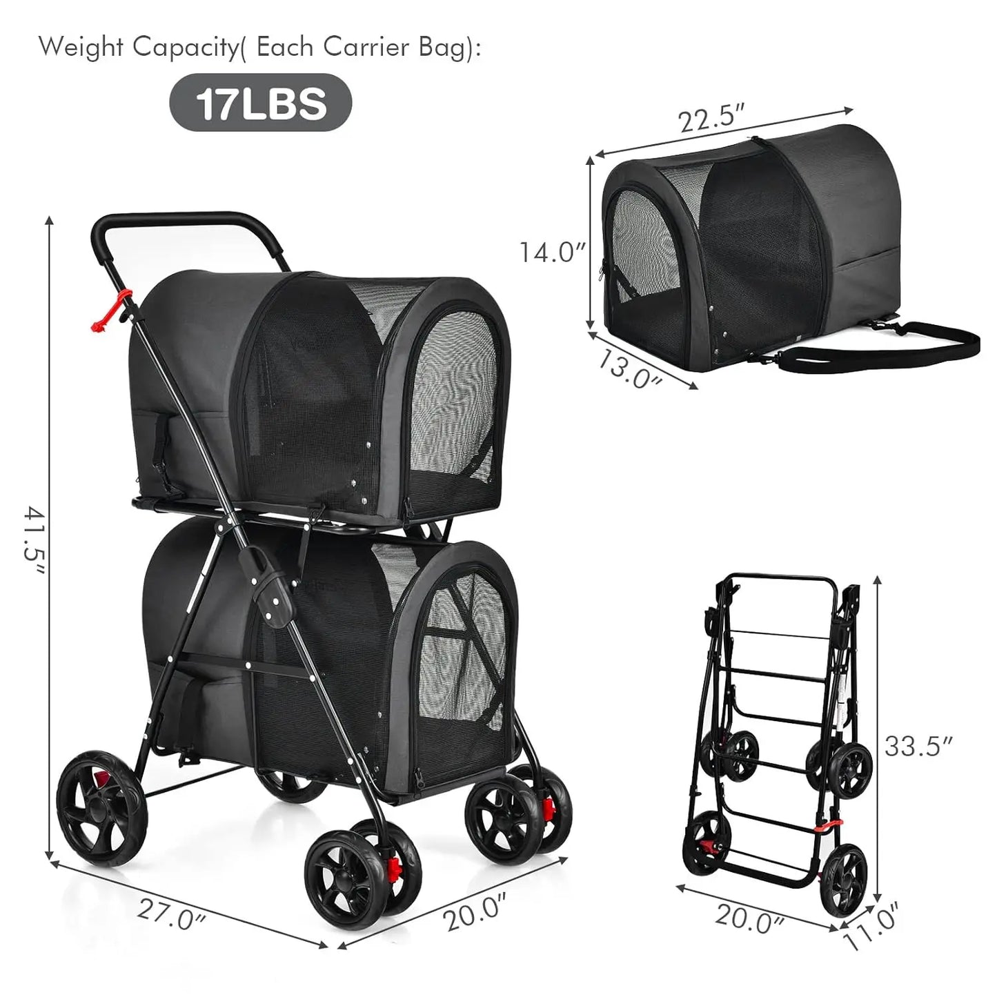 Double Pet Stroller with 2 Detachable Carrier Bags