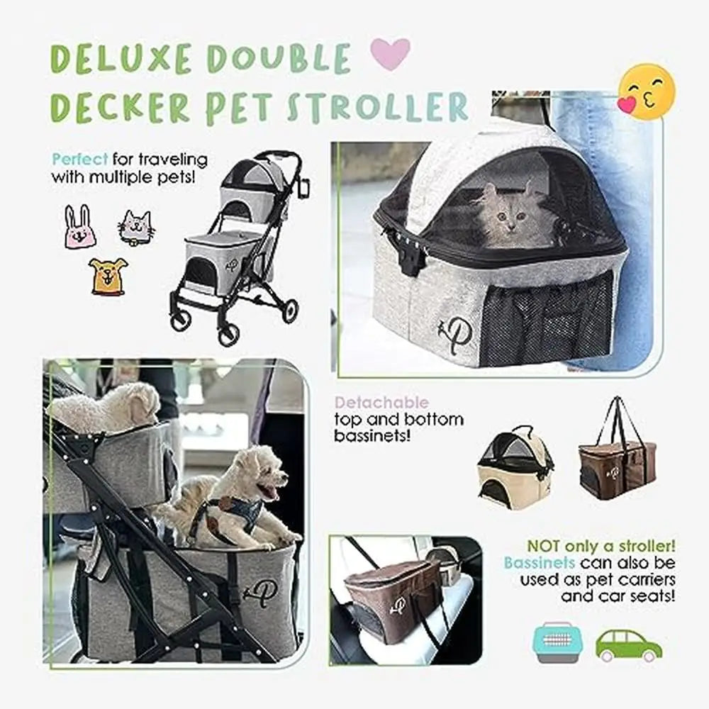 Double Decker Pet Stroller Dual Portable Washable Pads