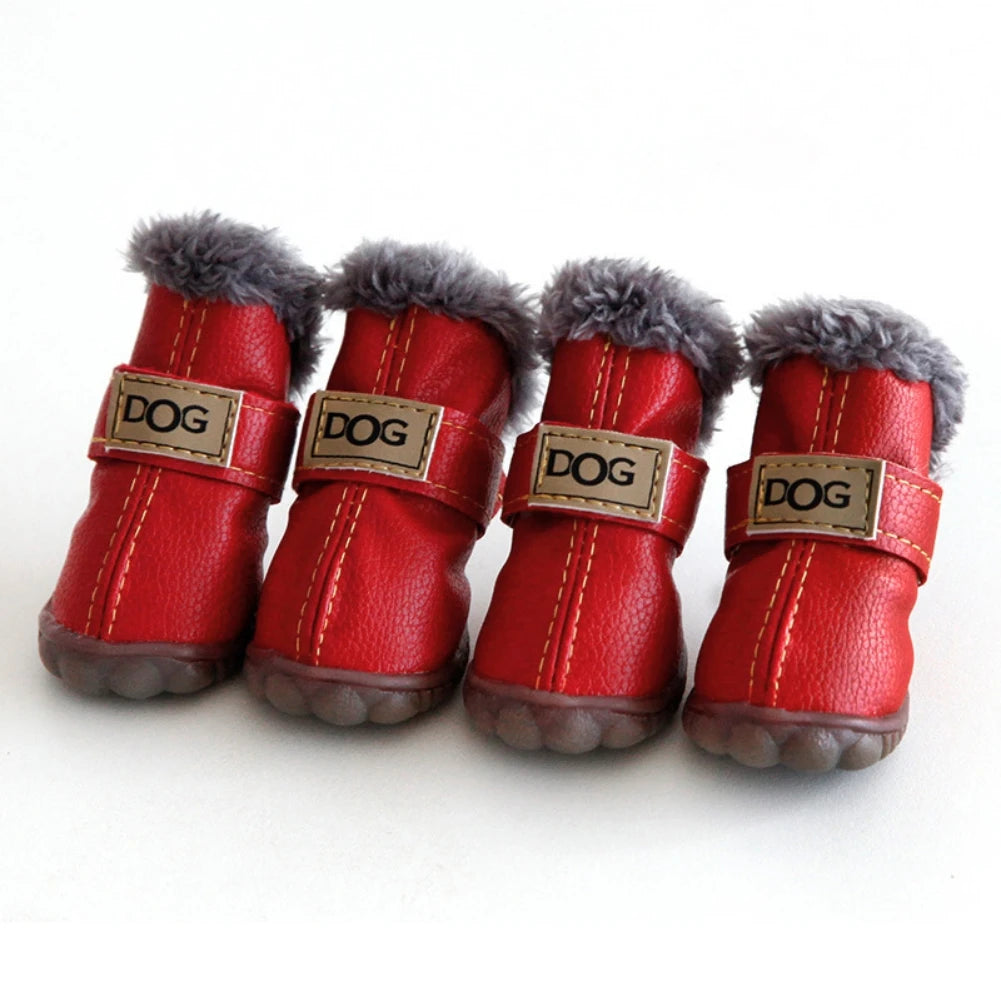 Dog Outdoor Shoes PU Leather Boots with Plush Lining Anti-Slip Sole
