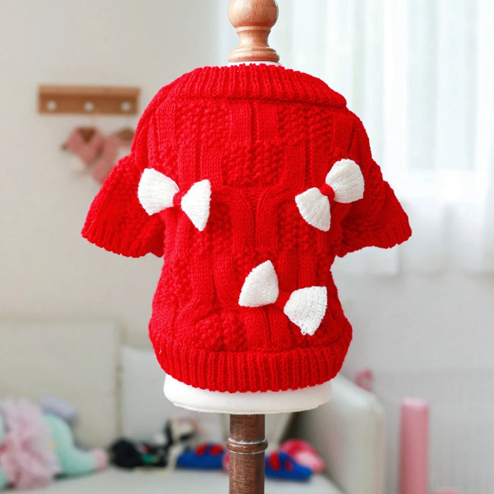 Christmas Dog Sweater Warm Knitted Bowtie Sweater