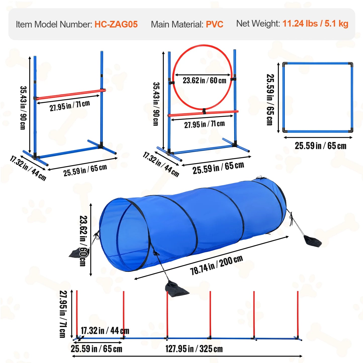 VEVOR Dog Agility Training Equipment 5 PCS Set Upgrade with Adjustable Hurdles Tunnel