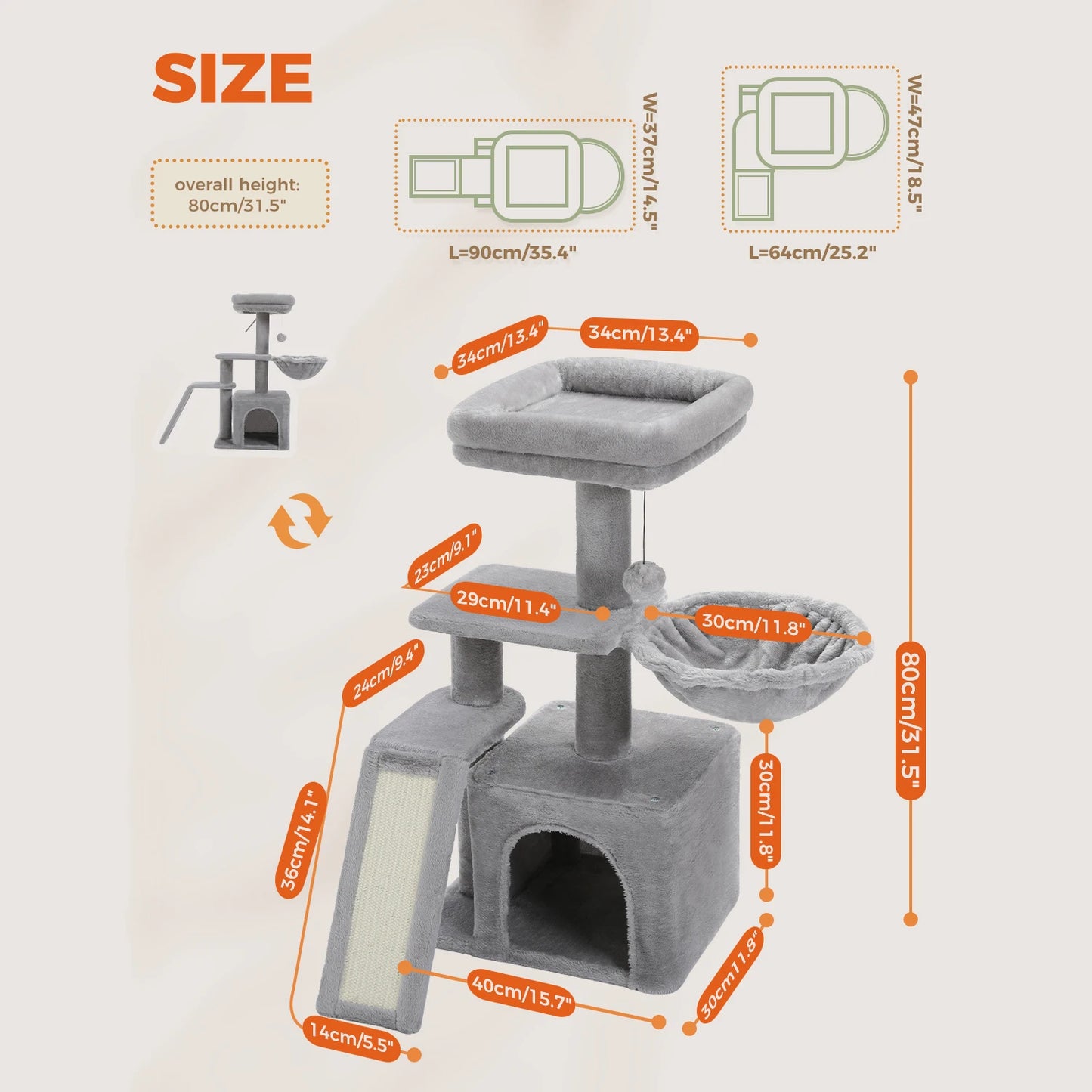 Small Cat Tower for Indoor Tree with Large Hammock