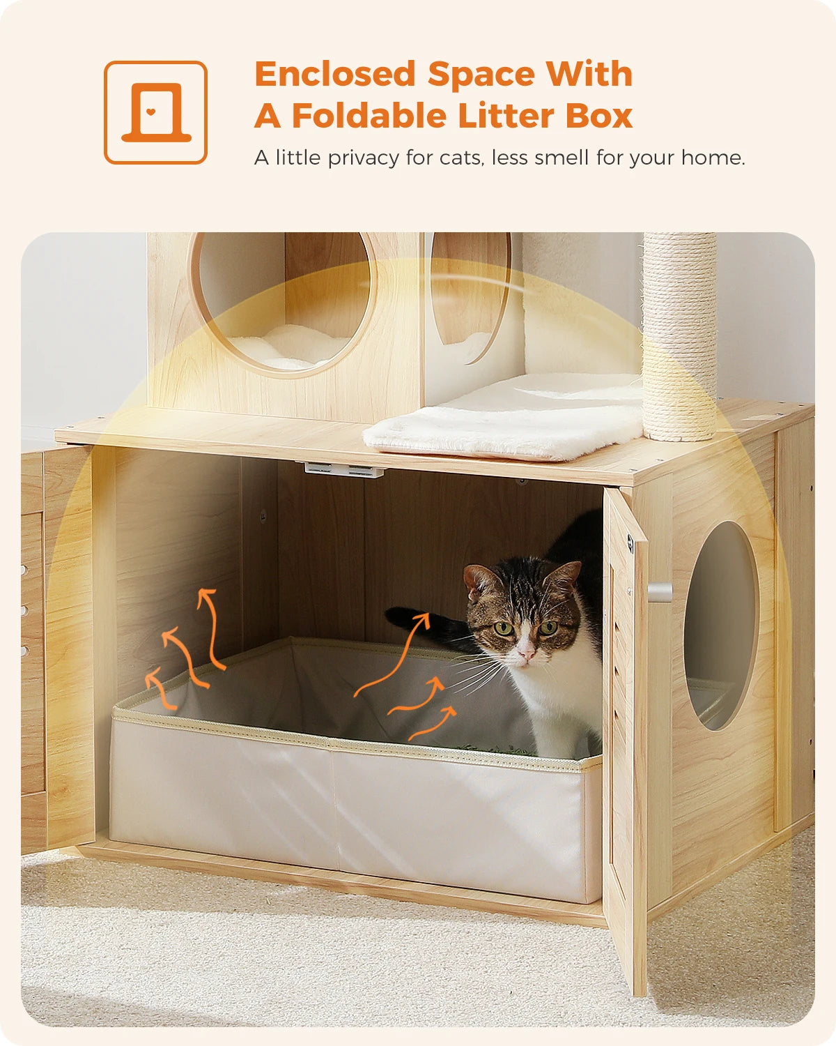 Multi-Level Cat Tower with Foldable Cat Litter hind away