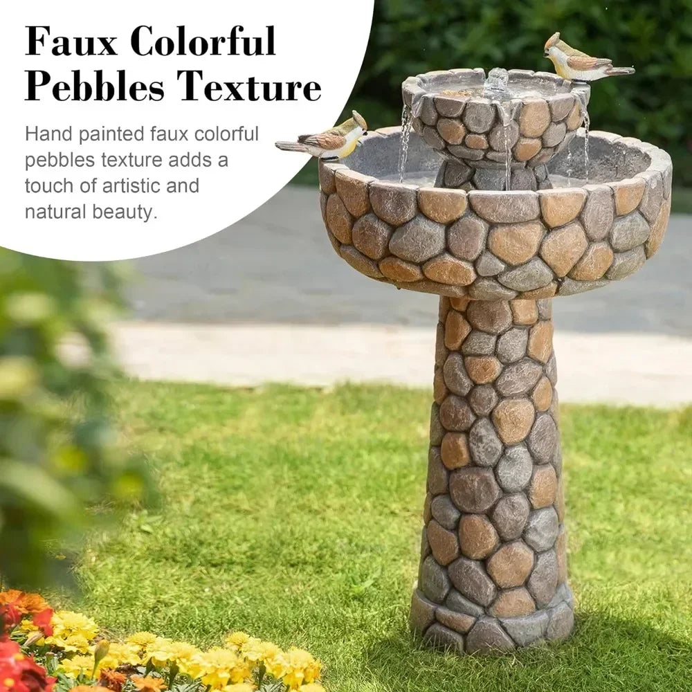 2-Tier Stone Outdoor Waterfall Fountain w/ Birds Decor