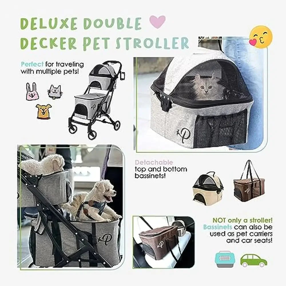 Double Decker Pet Stroller Dual Portable Washable Pads