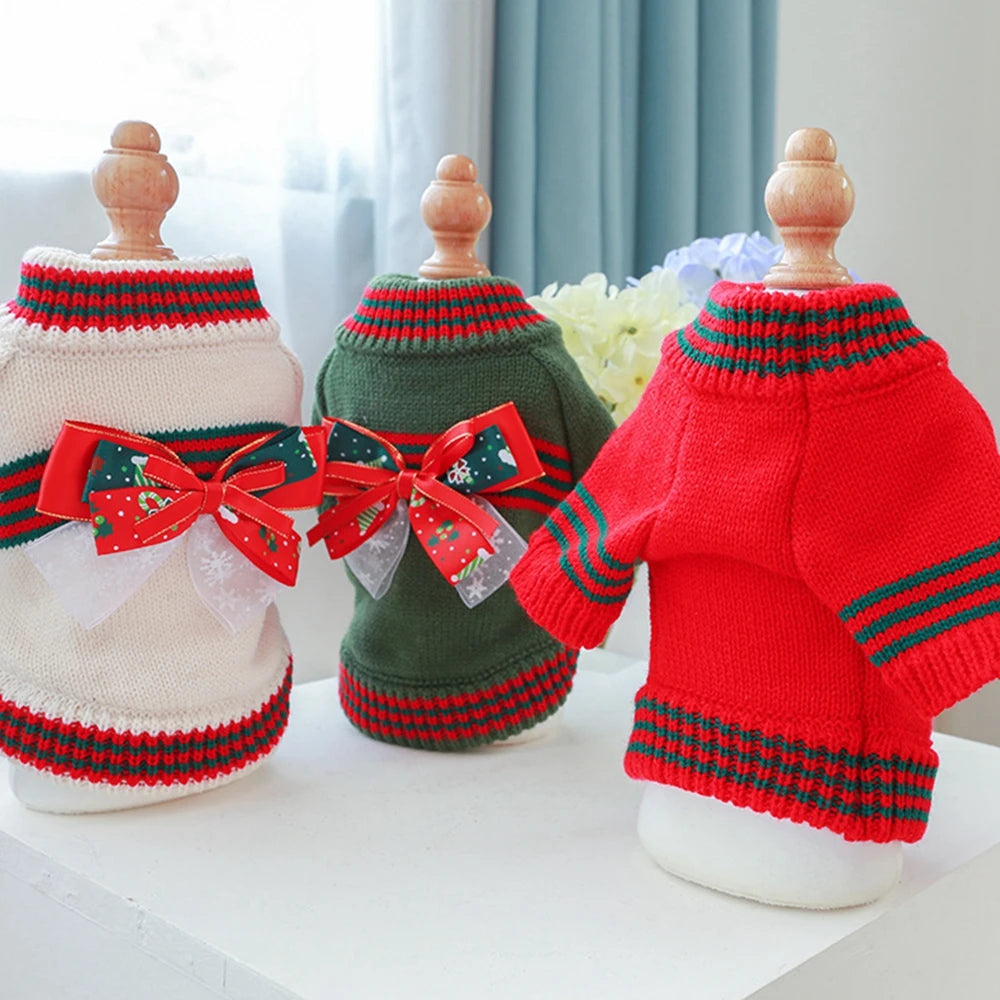 Christmas Dog Sweater Warm Knitted Bowtie Sweater