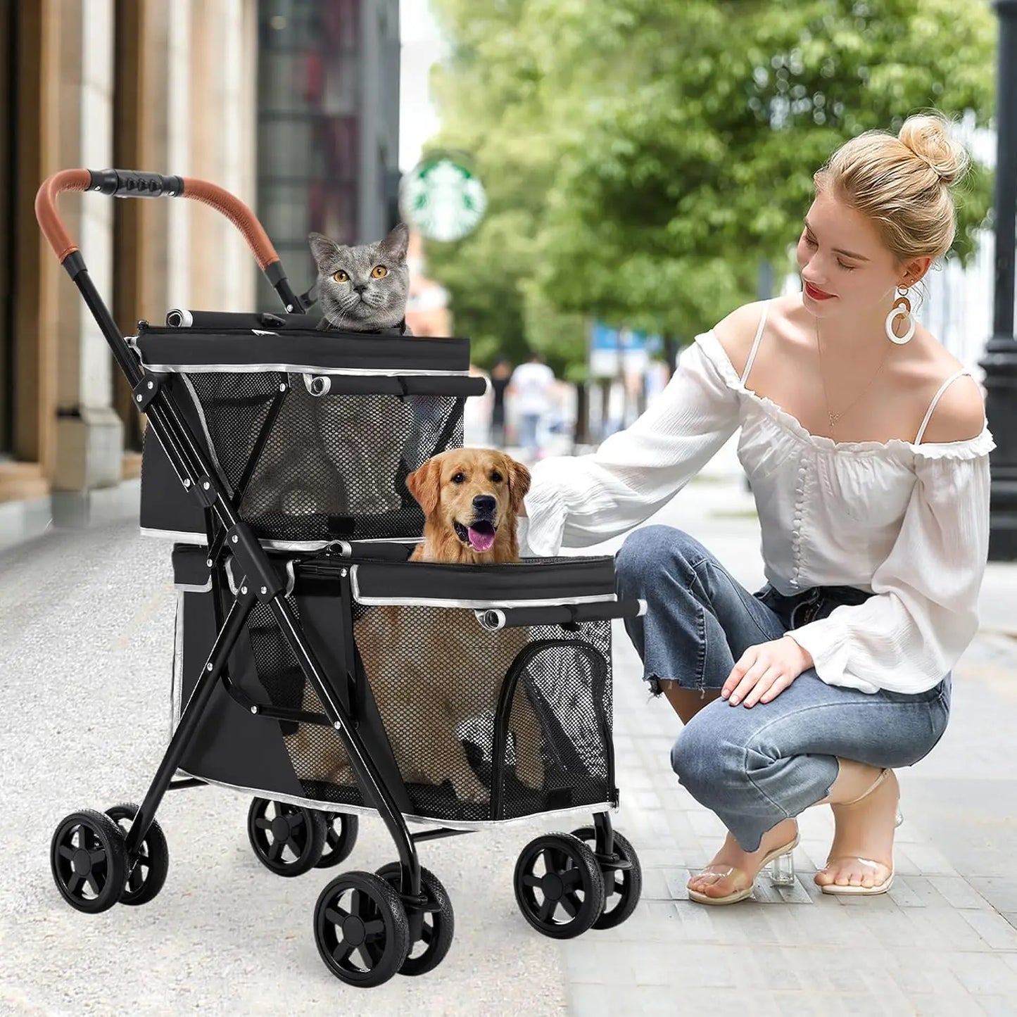 Double small Pet Stroller One-Hand Folding Travel Carriage