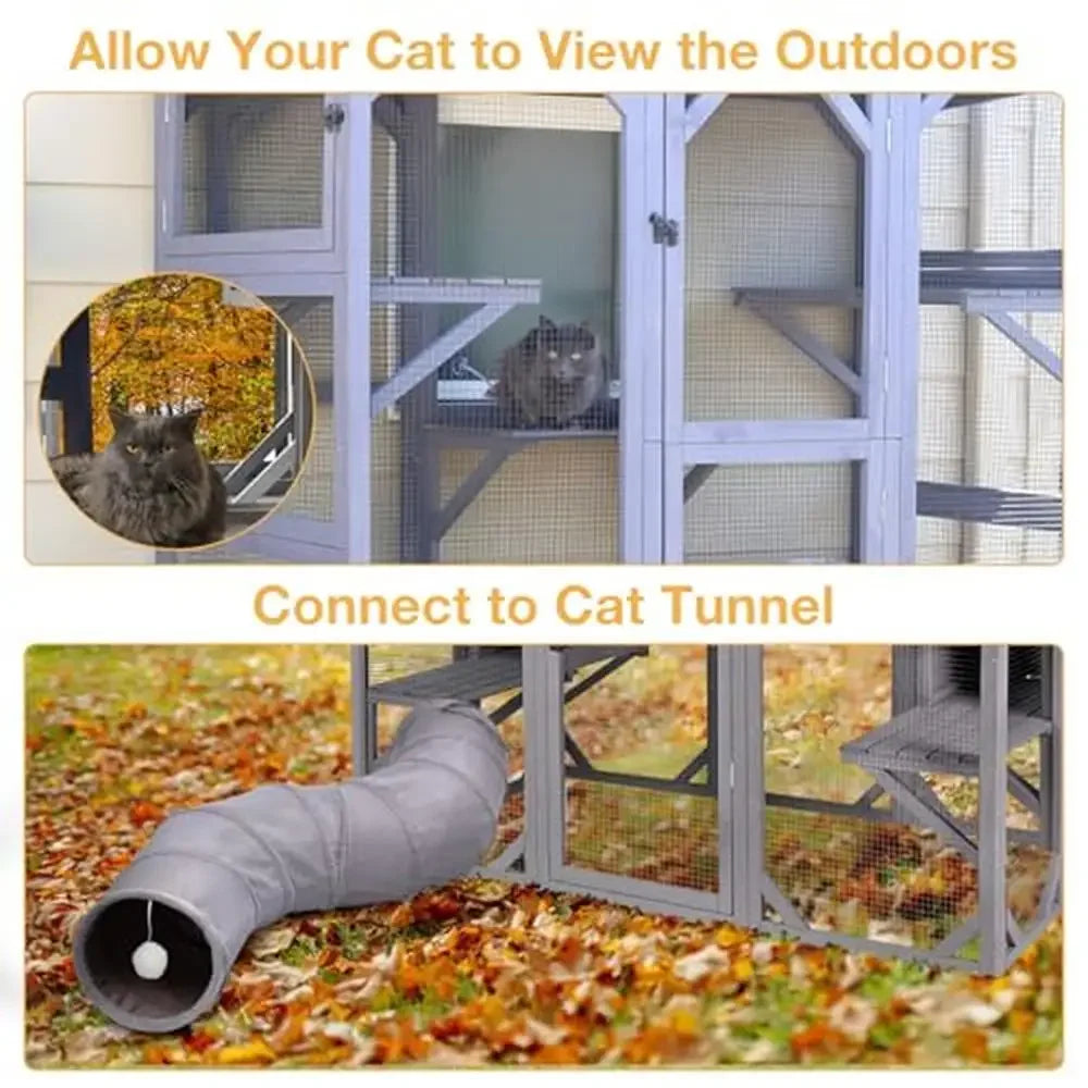 Wooden Catio Outdoor Cat Enclosure with 7 Jumping Platforms