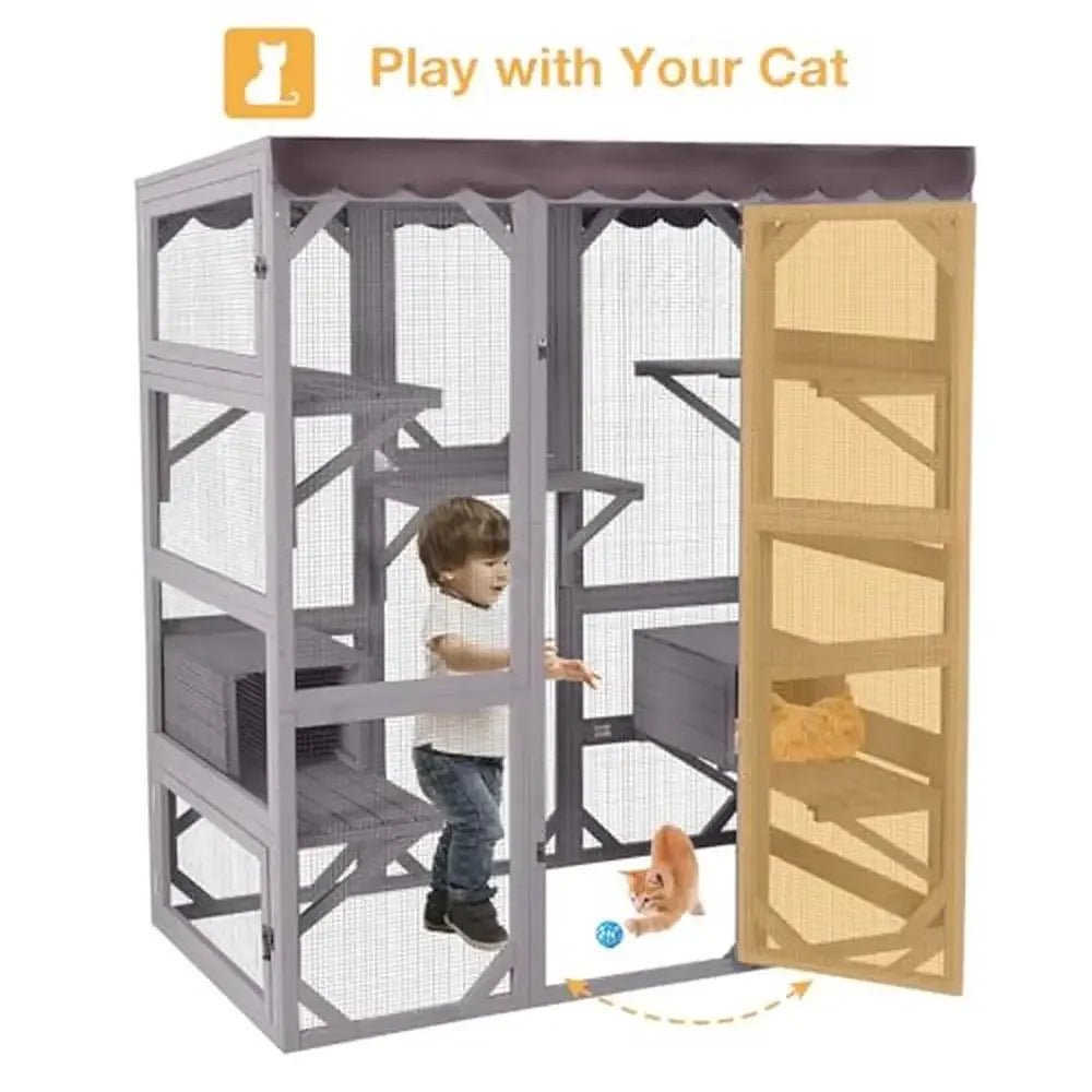 Wooden Catio Outdoor Cat Enclosure with 7 Jumping Platforms
