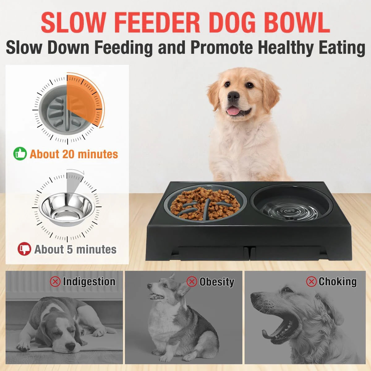 Slow Feeder Dog Bowl Holder with 5 Height Adjustments