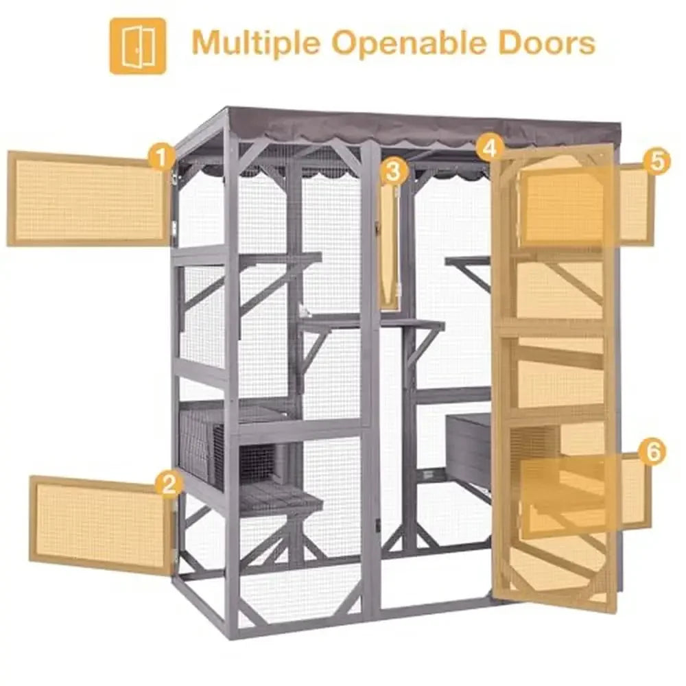 Wooden Catio Outdoor Cat Enclosure with 7 Jumping Platforms