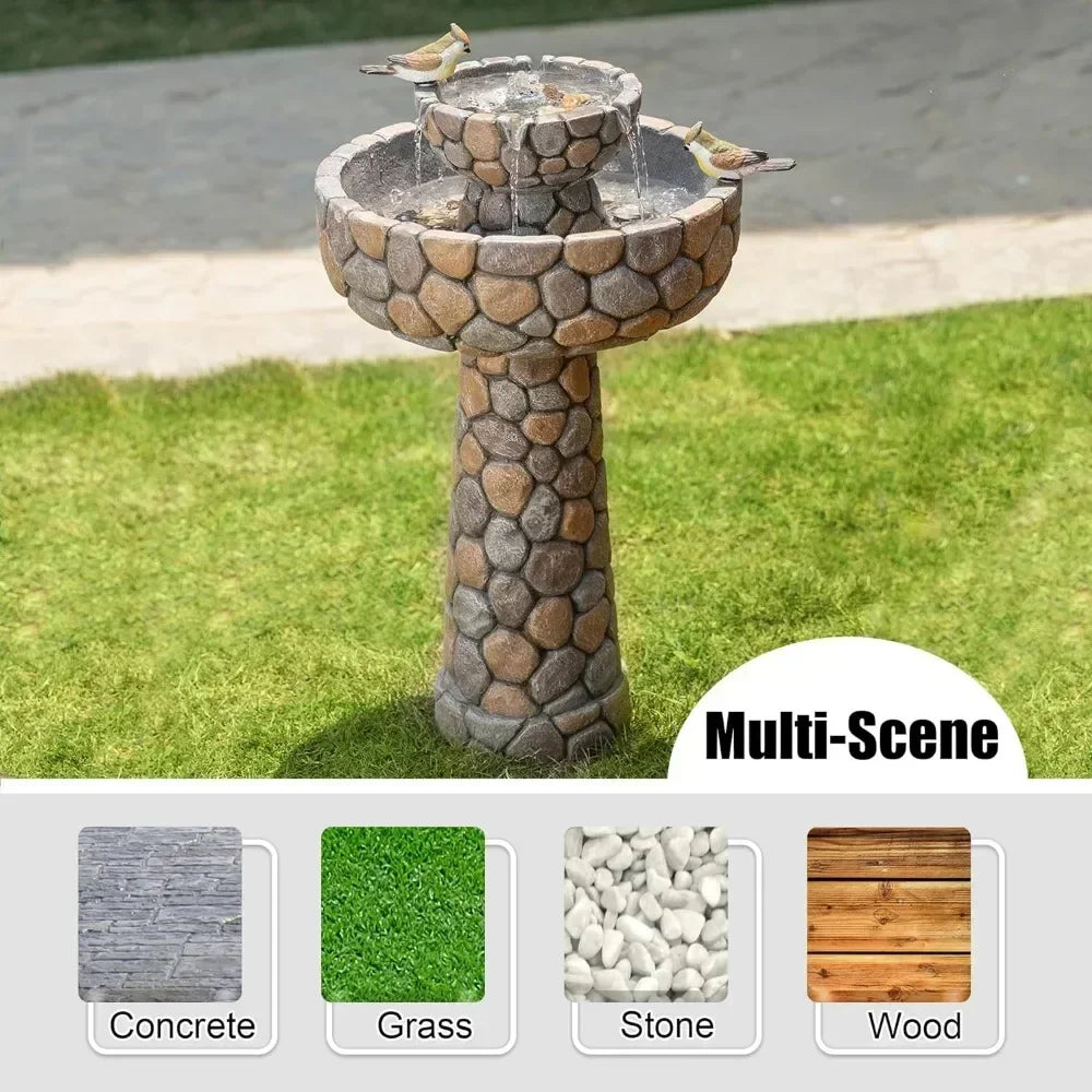 2-Tier Stone Outdoor Waterfall Fountain w/ Birds Decor