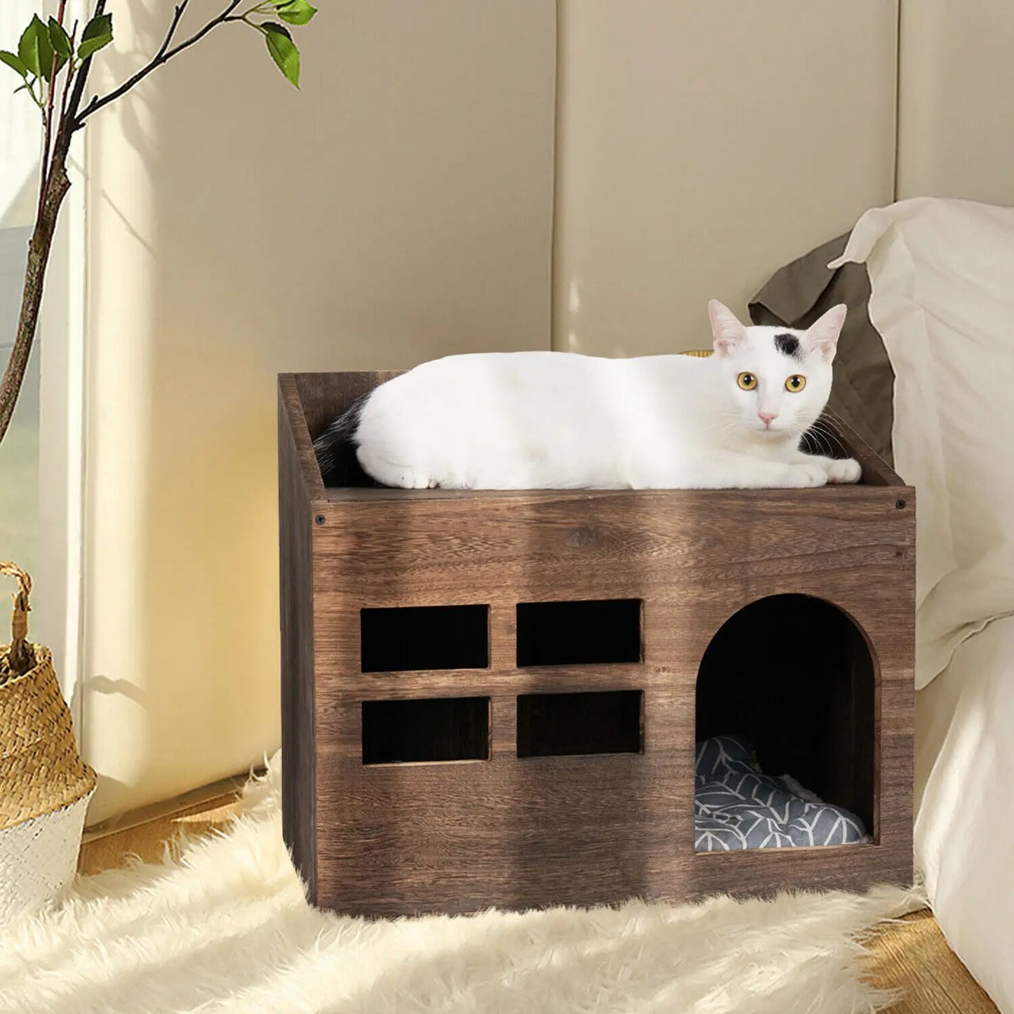 Solid Wooden Cat Litter Box for Indoor and bed