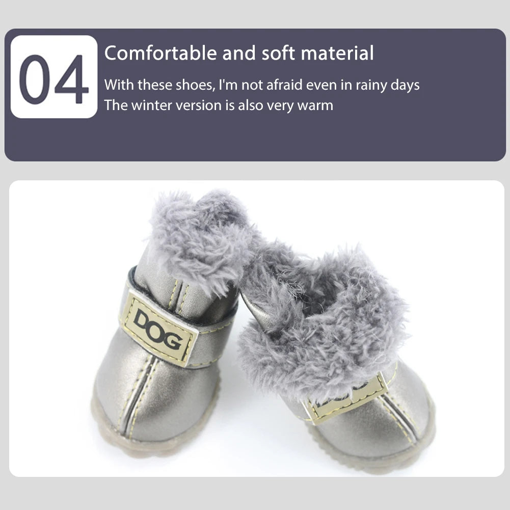 Dog Outdoor Shoes PU Leather Boots with Plush Lining Anti-Slip Sole