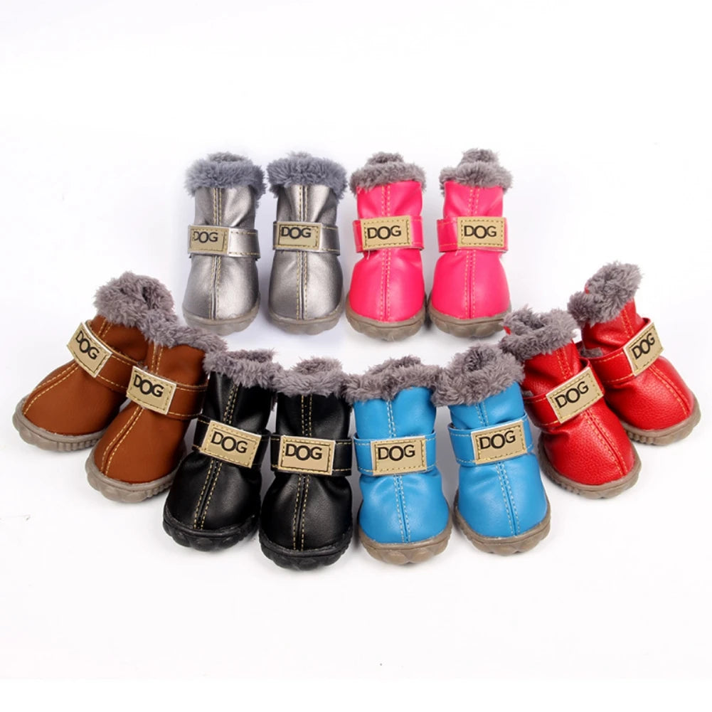 Dog Outdoor Shoes PU Leather Boots with Plush Lining Anti-Slip Sole