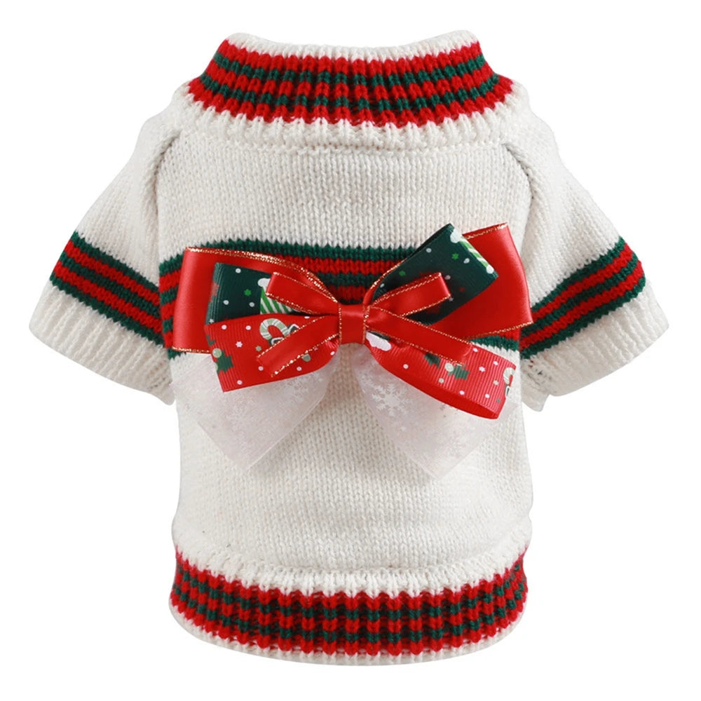 Christmas Dog Sweater Warm Knitted Bowtie Sweater