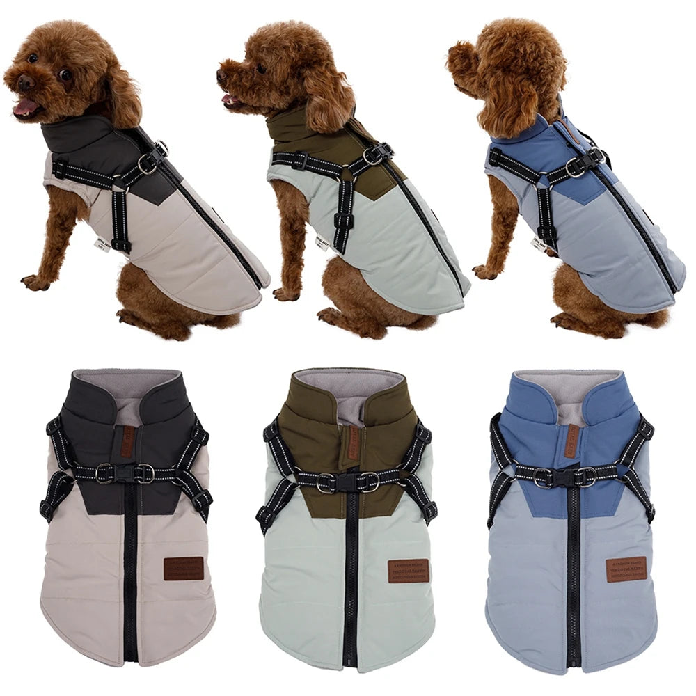 Waterproof Pet Dog Jacket With Harness Winter Warm