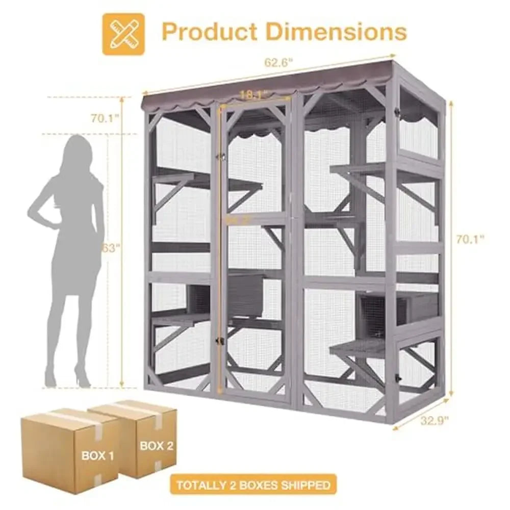 Wooden Catio Outdoor Cat Enclosure with 7 Jumping Platforms
