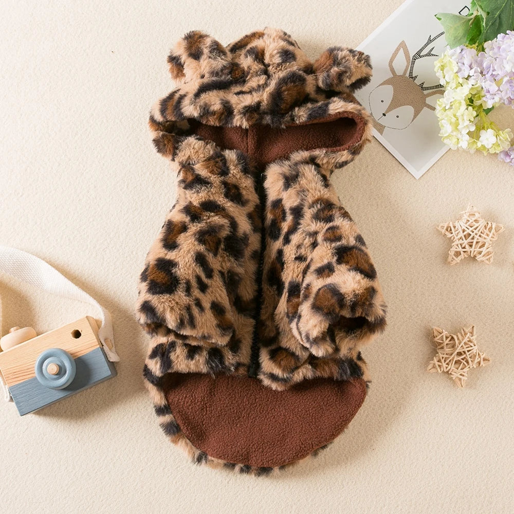 Winter Plush Pet Dog Clothes Leopard Print Pet Hoodies Warm