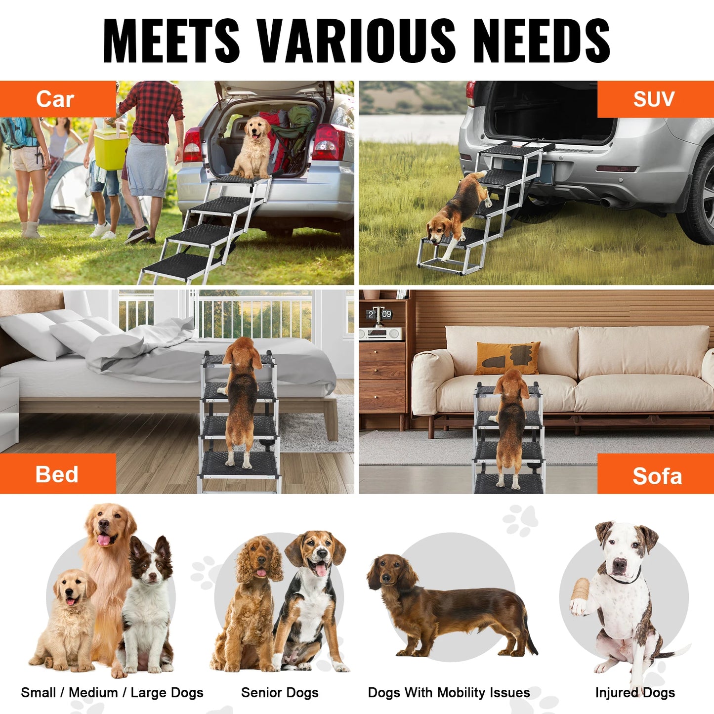 VEVOR Dog Stair for Cars Wide 4-step Folding Portable Pet Steps