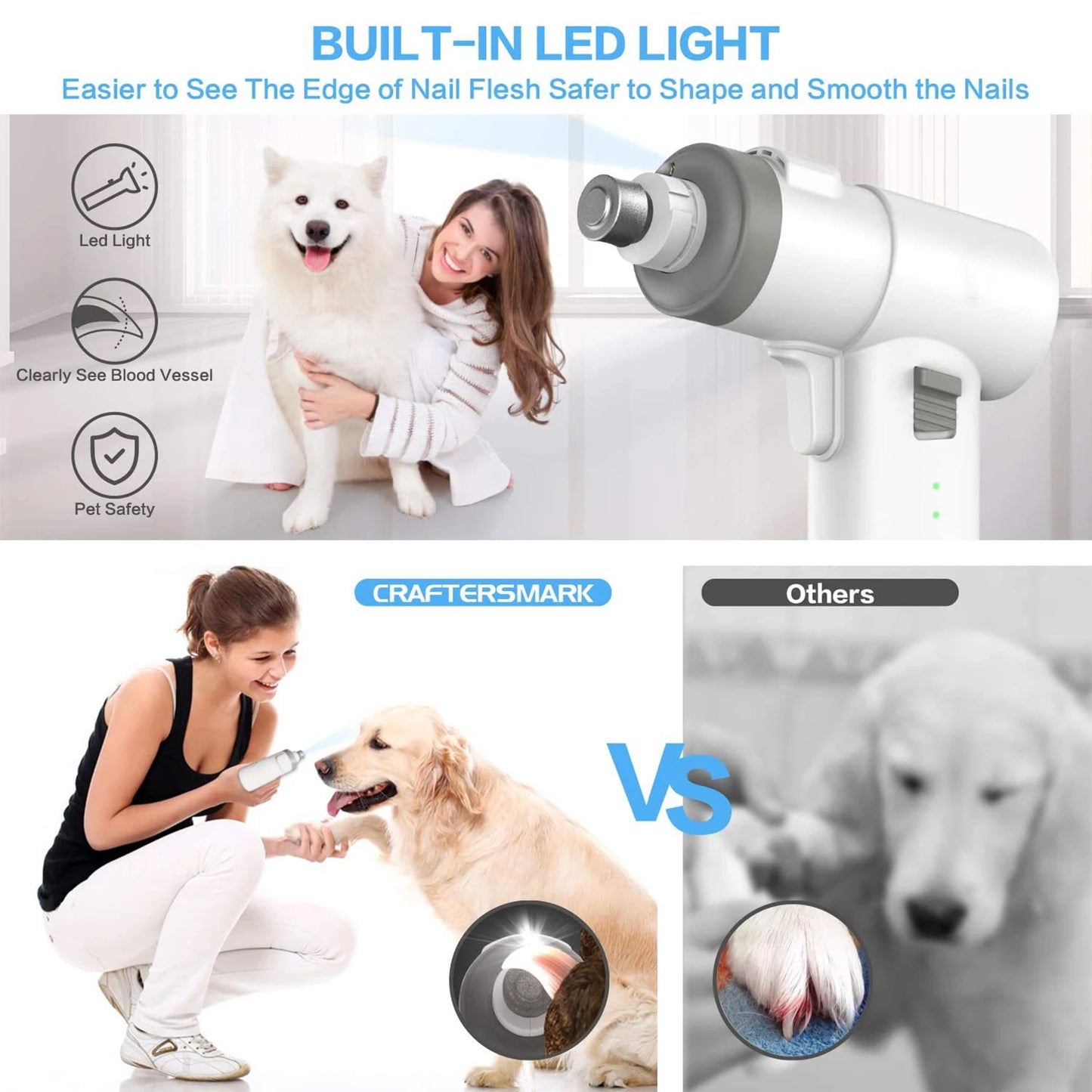Dog Nail Grinder with LED Light Rechargeable