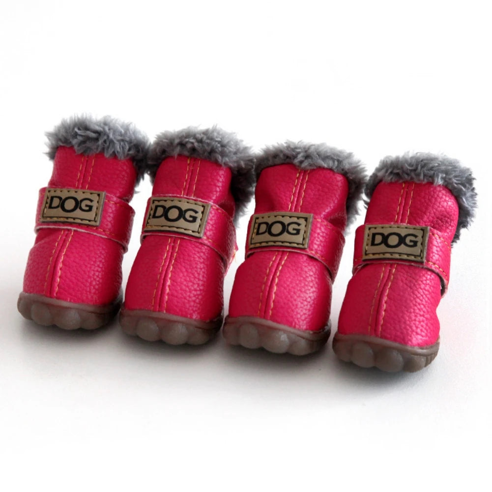 Dog Outdoor Shoes PU Leather Boots with Plush Lining Anti-Slip Sole