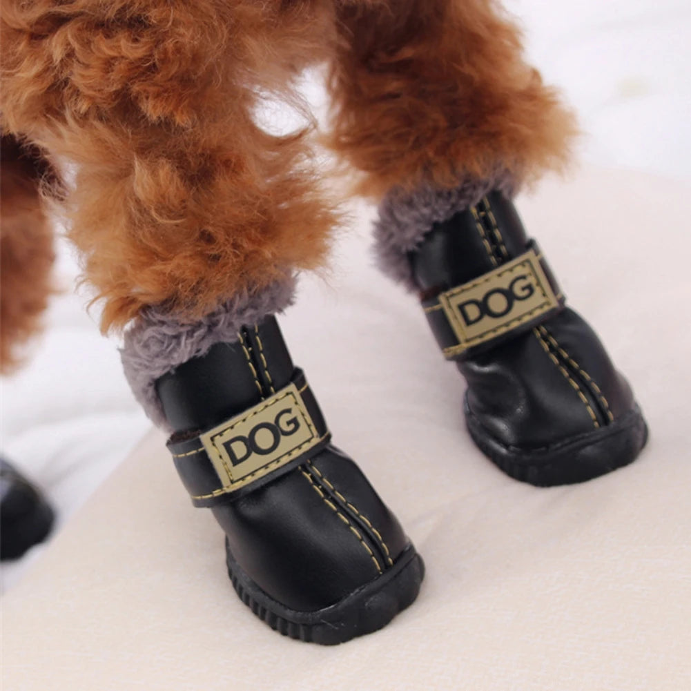 Dog Outdoor Shoes PU Leather Boots with Plush Lining Anti-Slip Sole