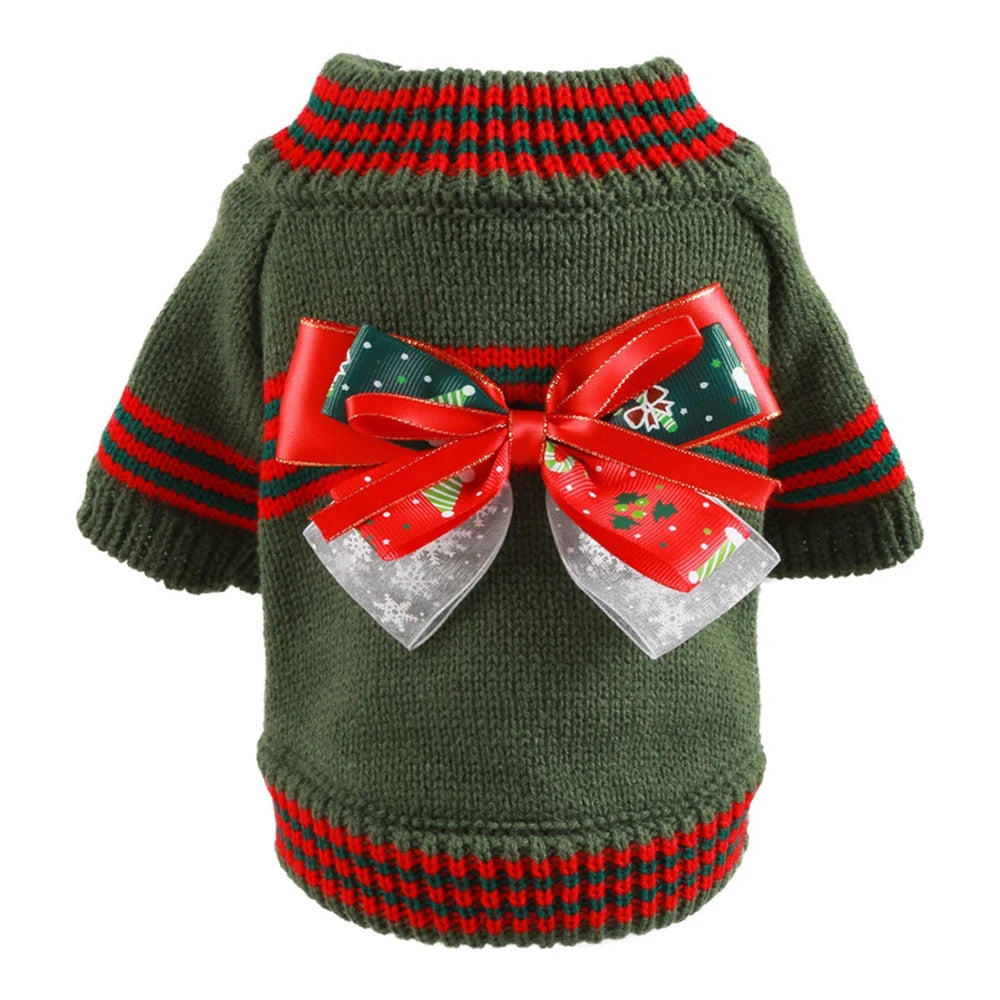 Christmas Dog Sweater Warm Knitted Bowtie Sweater