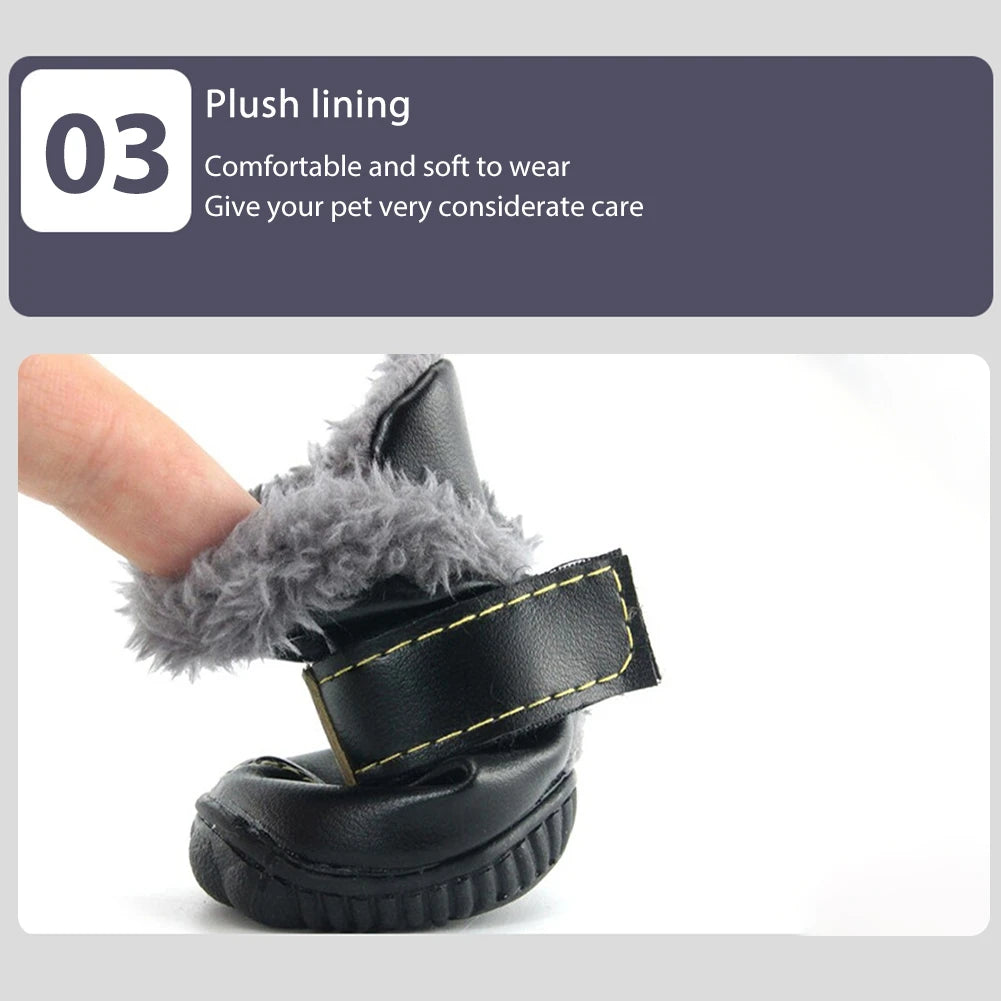 Dog Outdoor Shoes PU Leather Boots with Plush Lining Anti-Slip Sole