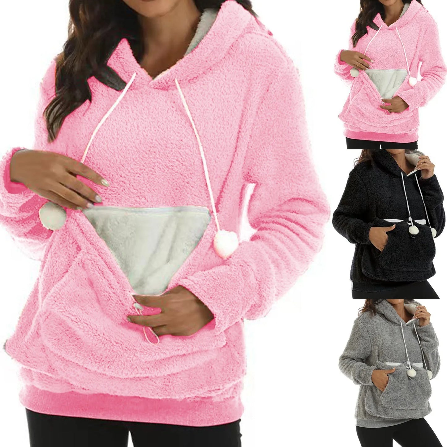 Winter Plush Cute Carrier Holder Hoodies Women Sweatshirts