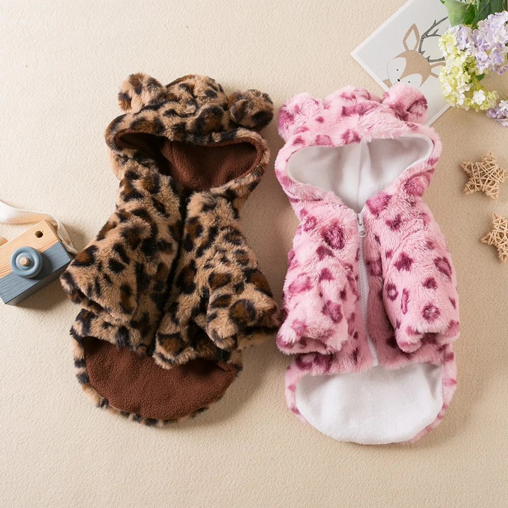 Winter Plush Pet Dog Clothes Leopard Print Pet Hoodies Warm