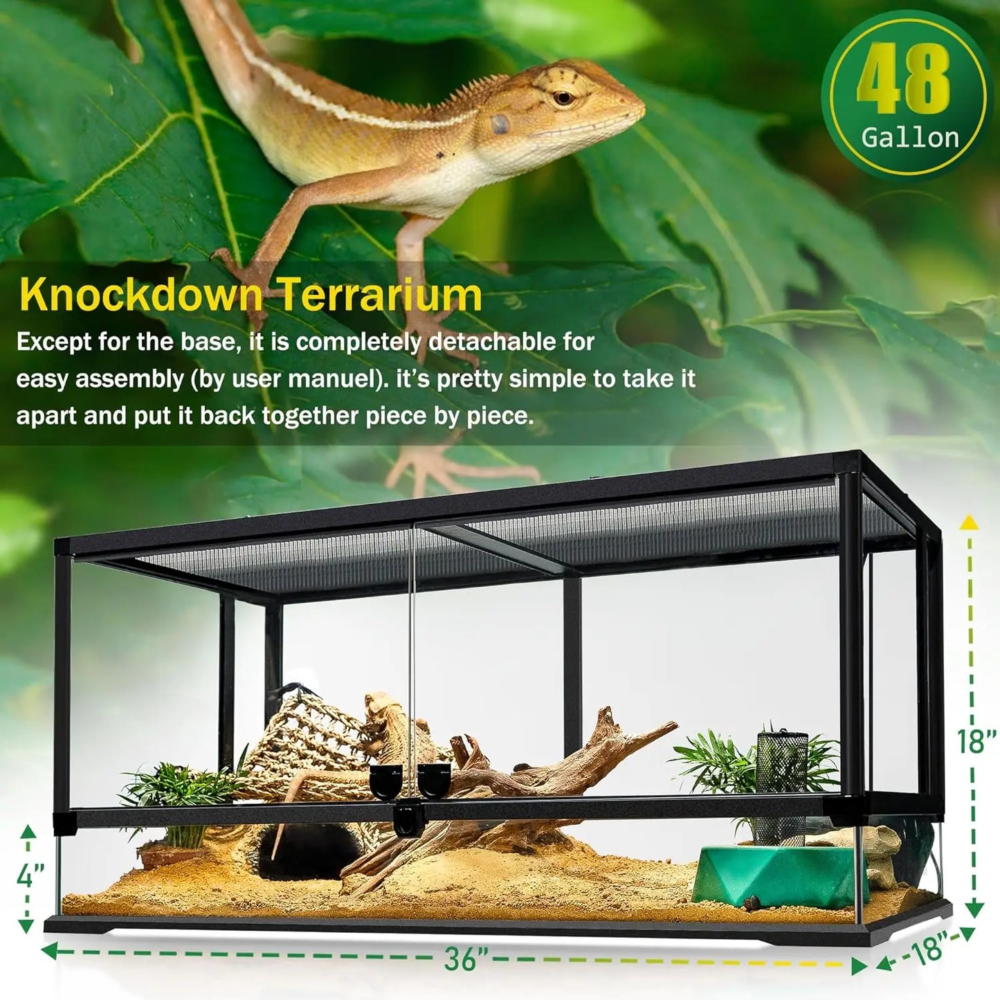 43 Gallon Professional Glass Terrarium 24"x18"x24" Durable Reptile Habitat