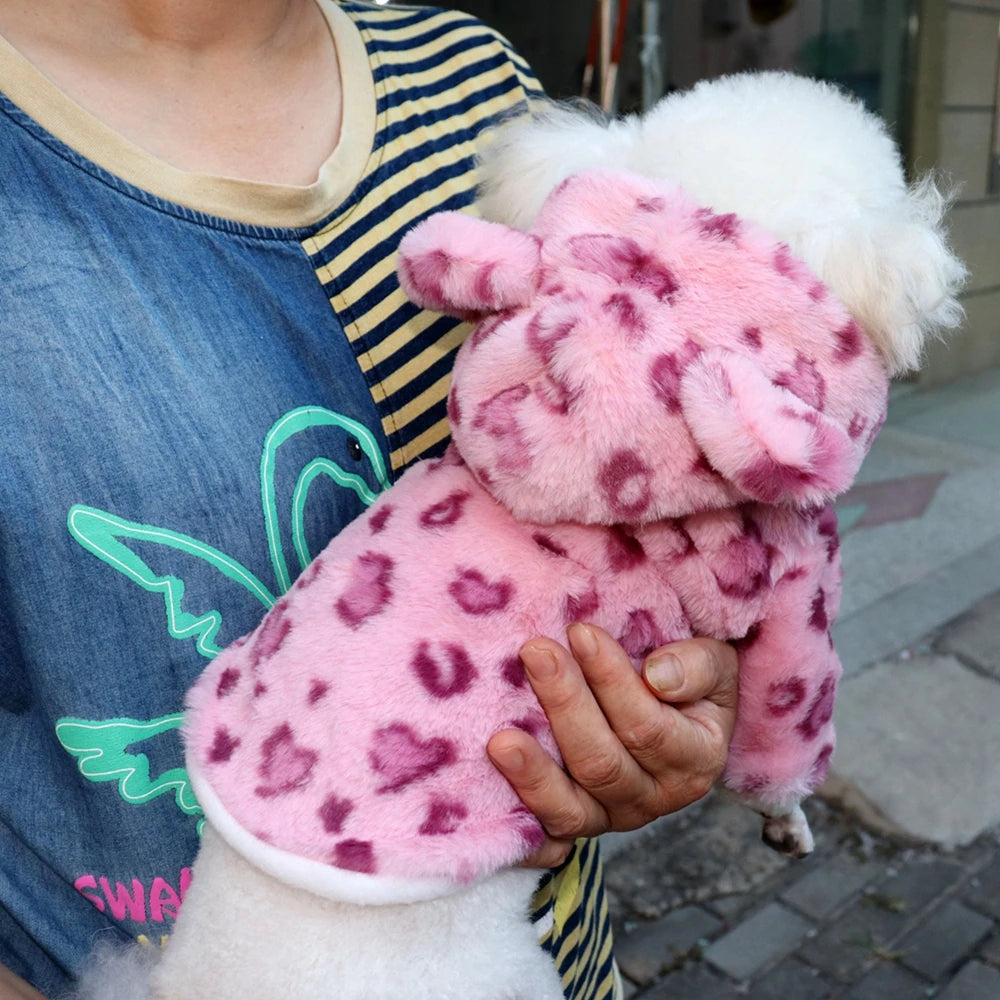 Winter Plush Pet Dog Clothes Leopard Print Pet Hoodies Warm