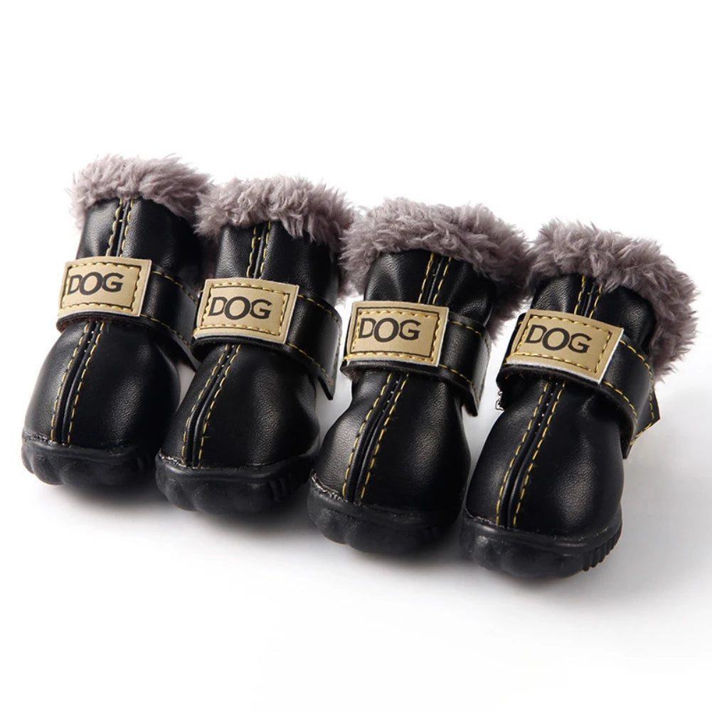 Dog Outdoor Shoes PU Leather Boots with Plush Lining Anti-Slip Sole