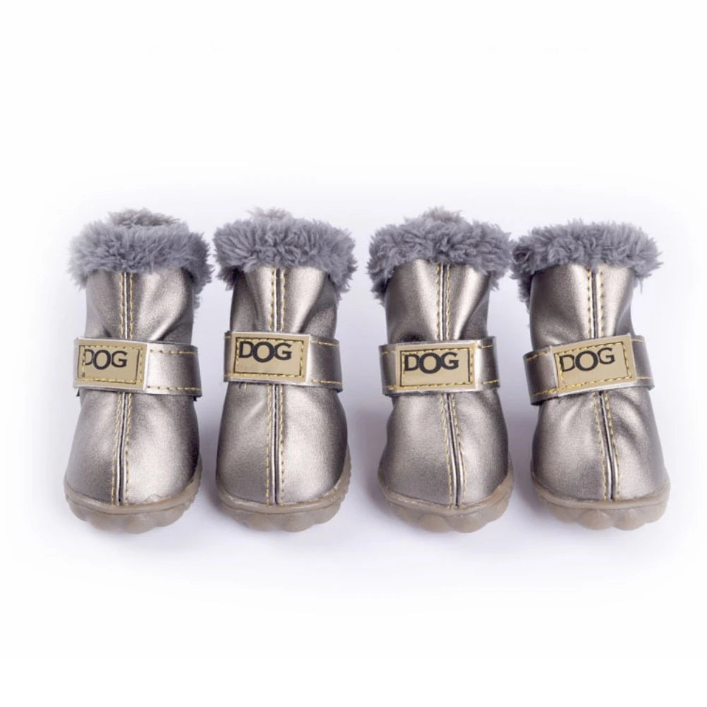 Dog Outdoor Shoes PU Leather Boots with Plush Lining Anti-Slip Sole