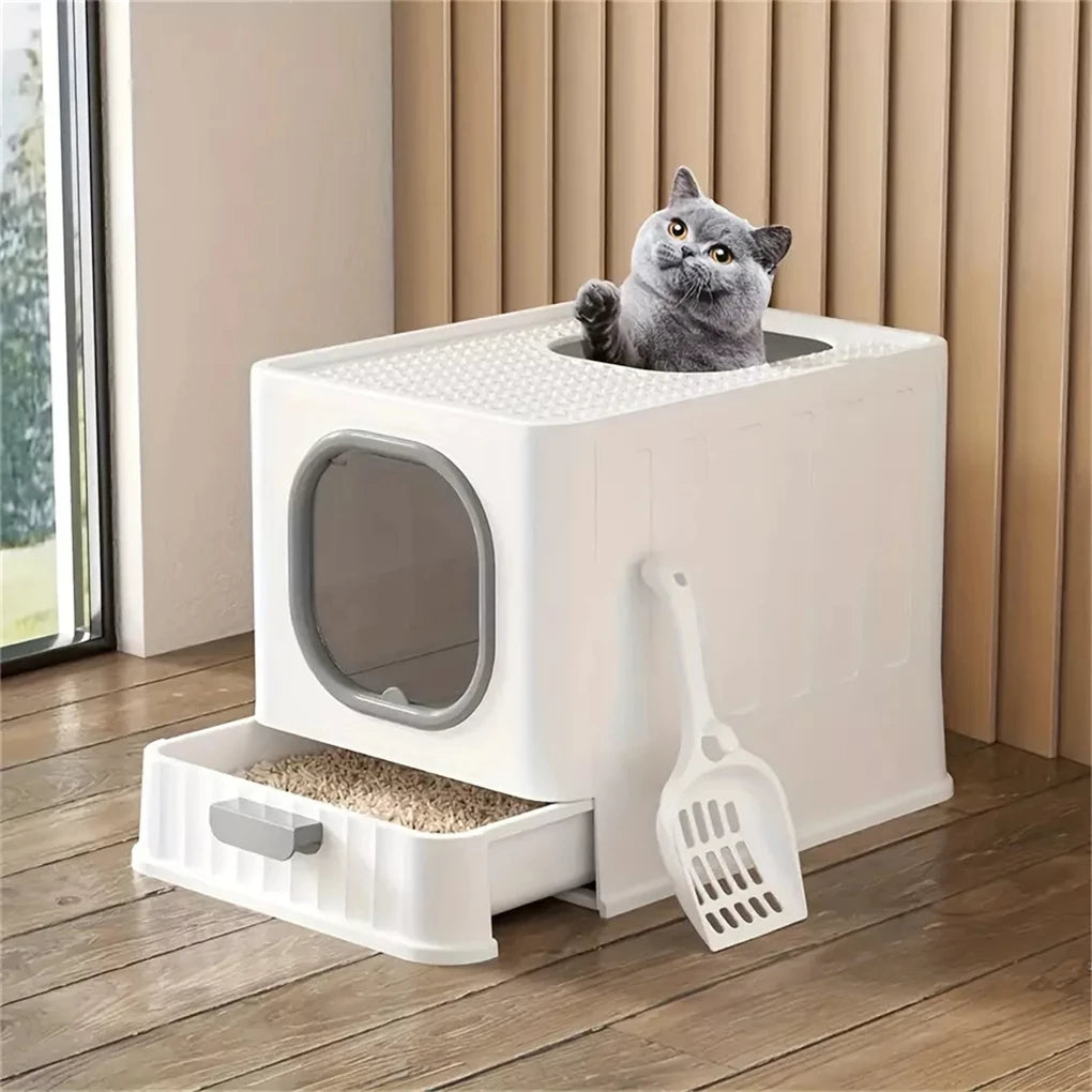 Leak-proof Enclosed Cat Litter Box Pull Drawer Training Toilet with Scooper