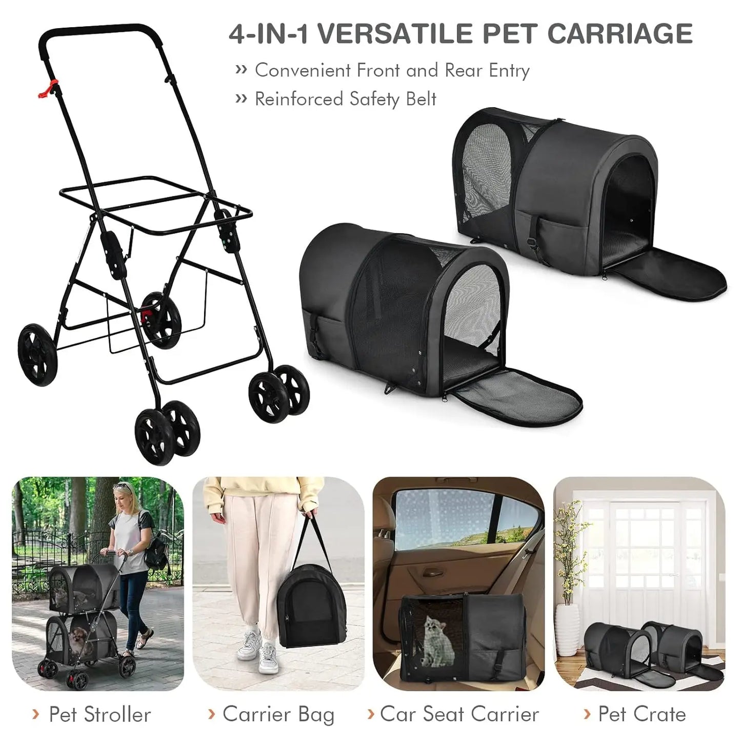Double Pet Stroller with 2 Detachable Carrier Bags