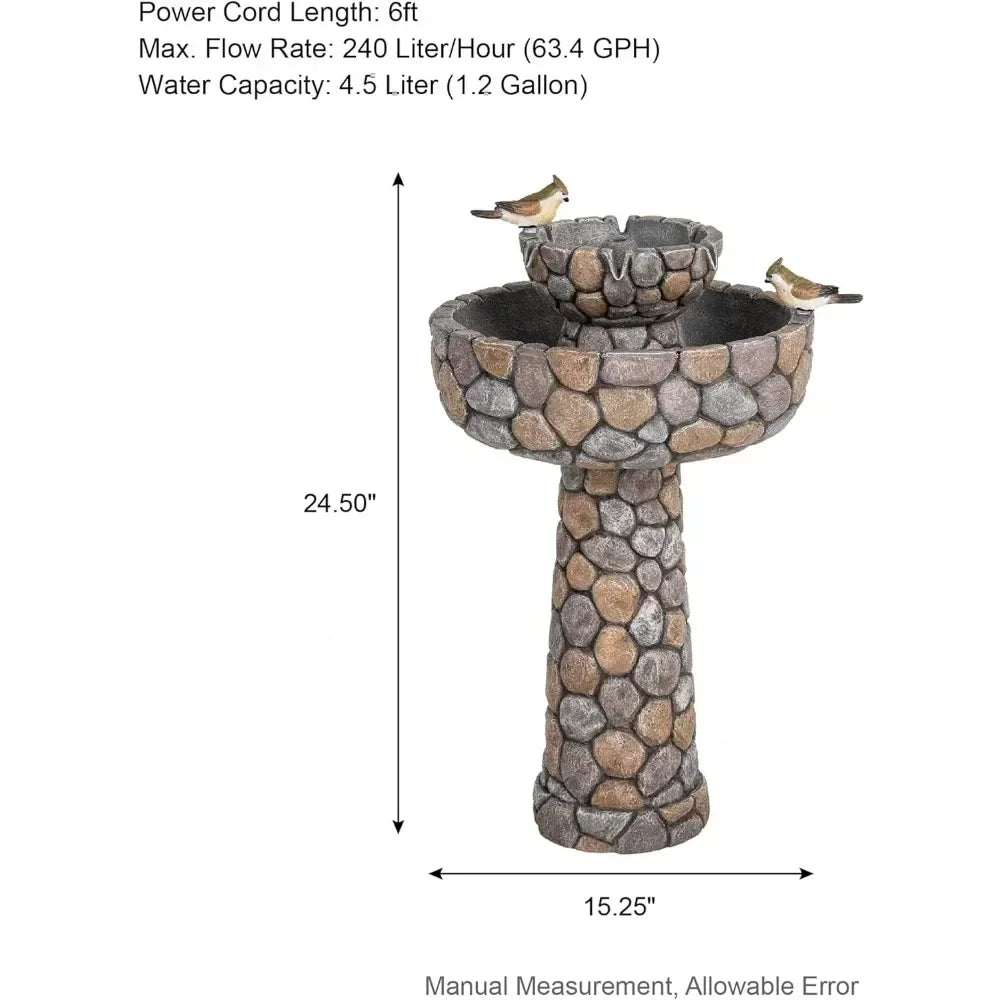 2-Tier Stone Outdoor Waterfall Fountain w/ Birds Decor