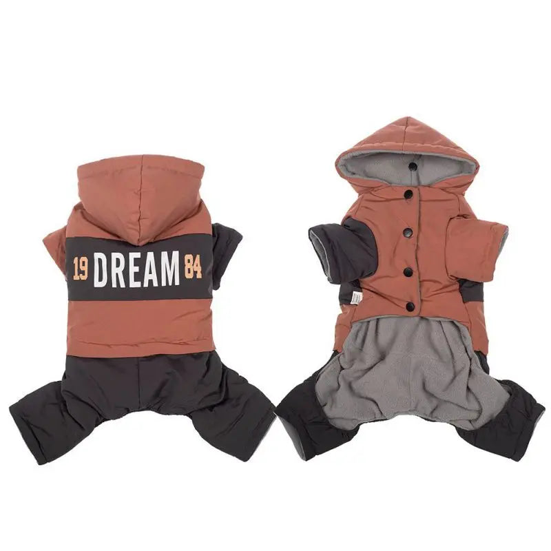 Dog or Cat Winter Faux Leather Waterproof Jumpsuit Hoodie