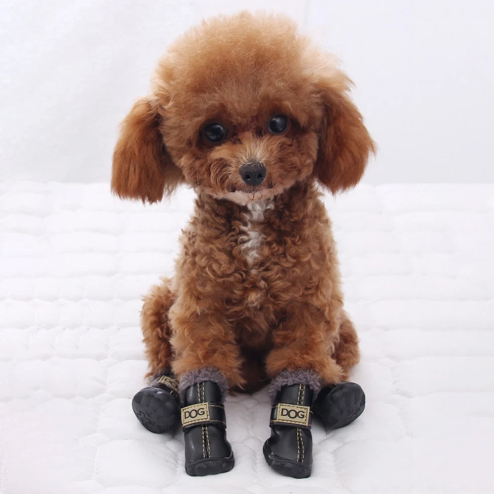 Dog Outdoor Shoes PU Leather Boots with Plush Lining Anti-Slip Sole