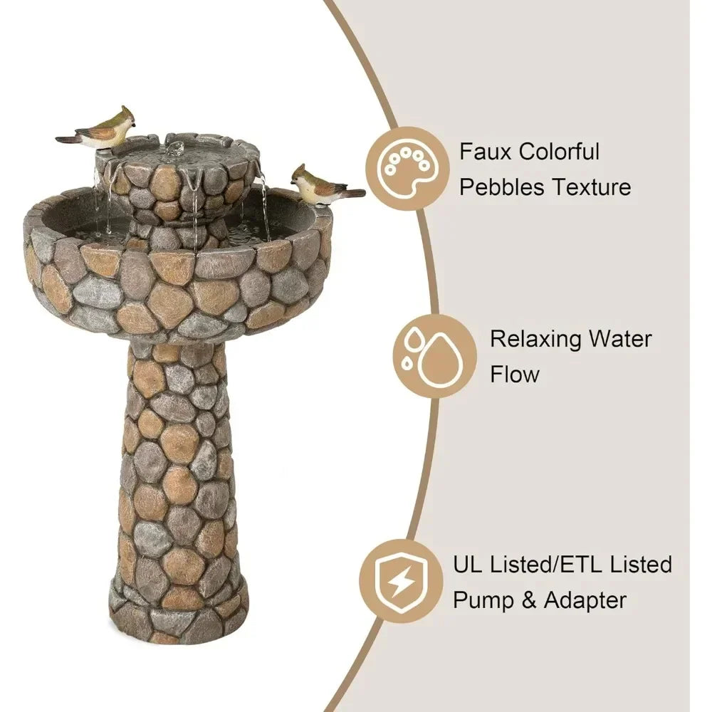 2-Tier Stone Outdoor Waterfall Fountain w/ Birds Decor