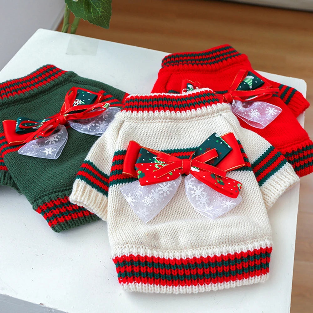 Christmas Dog Sweater Warm Knitted Bowtie Sweater