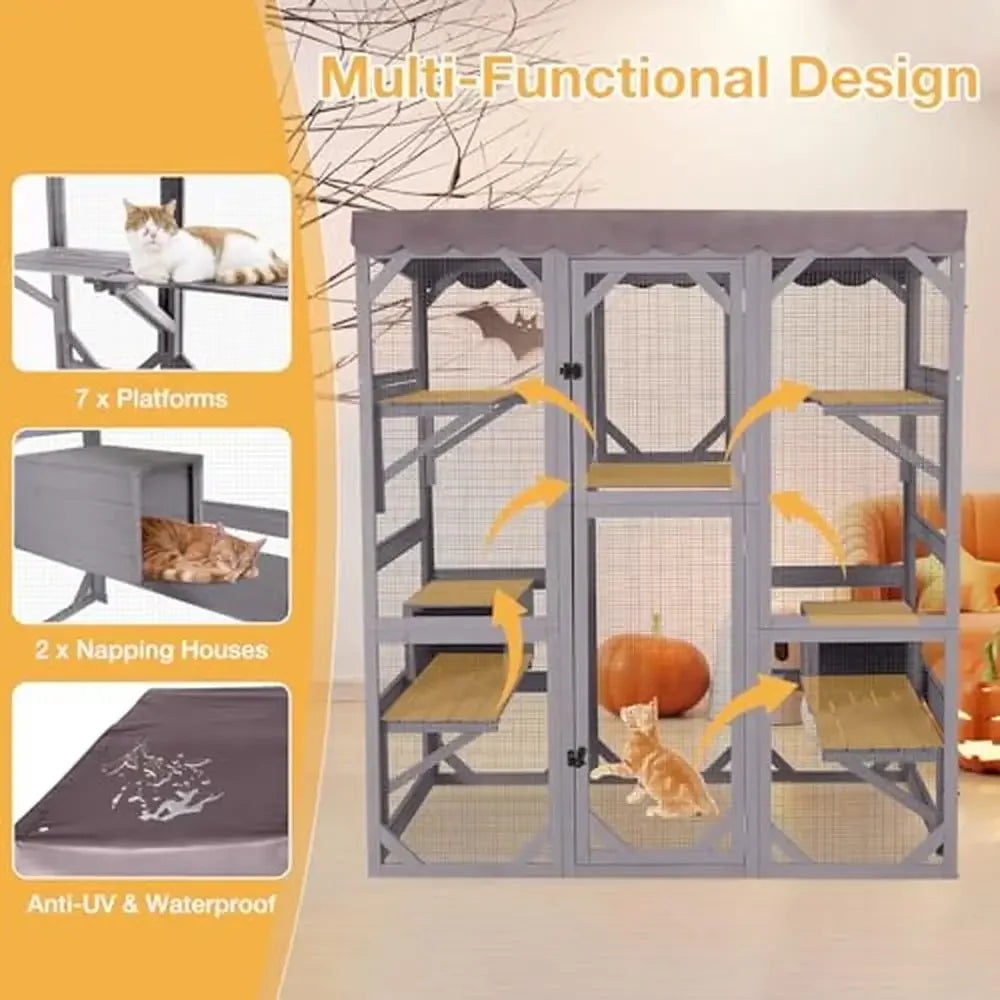 Wooden Catio Outdoor Cat Enclosure with 7 Jumping Platforms