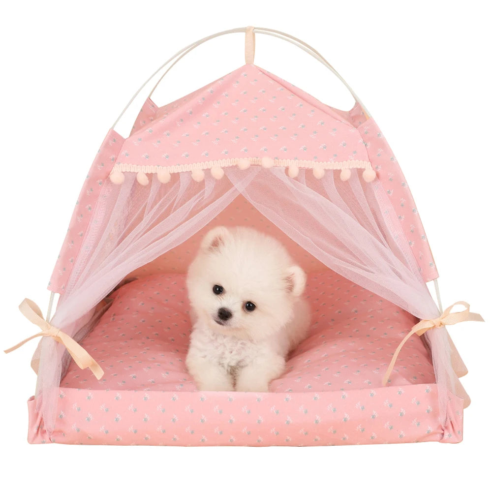 ZK20 Pet Dog Tent House Floral Print Enclosed Tent Bed