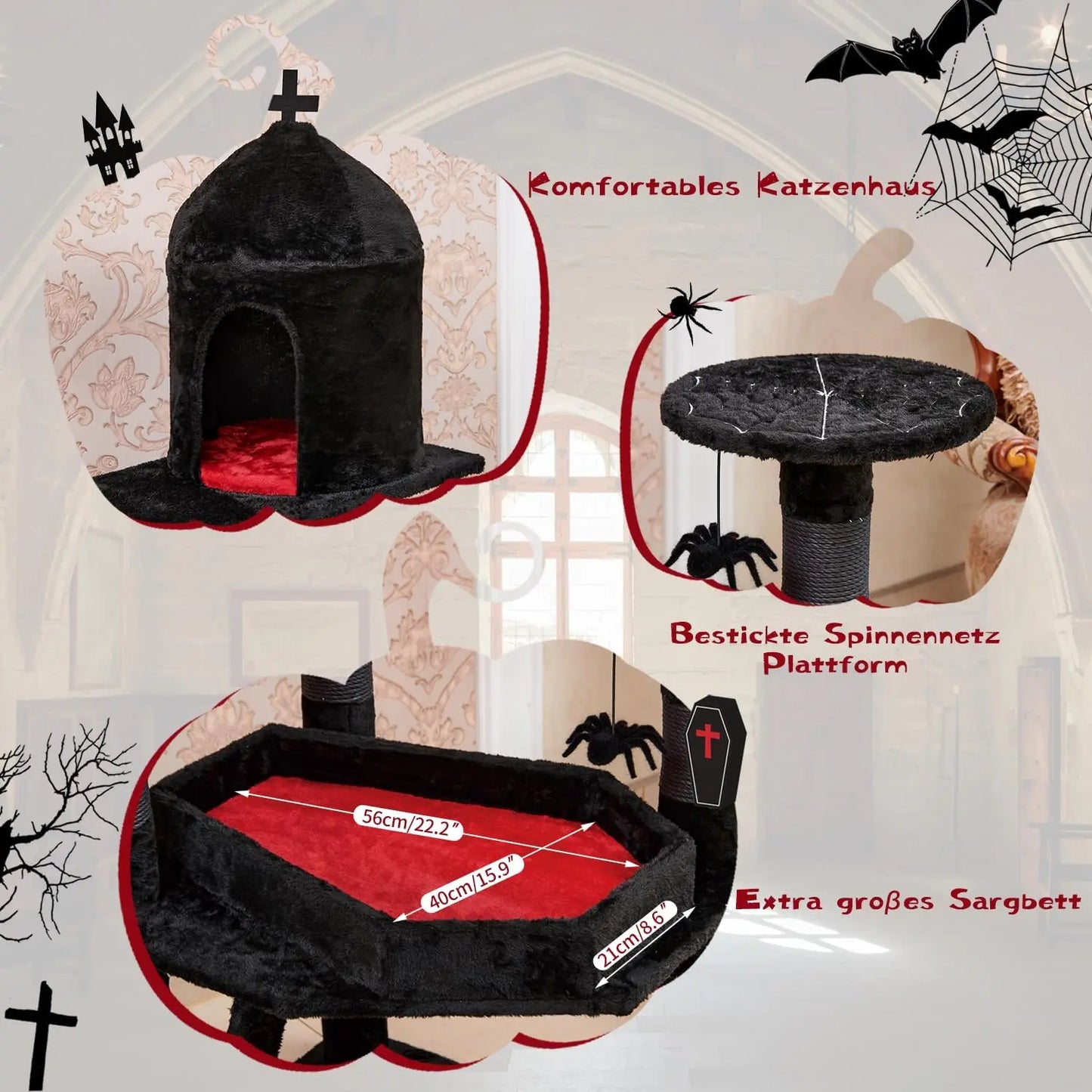Gothic Cat Tree Coffin Bed 55"Tower with Scratching Posts